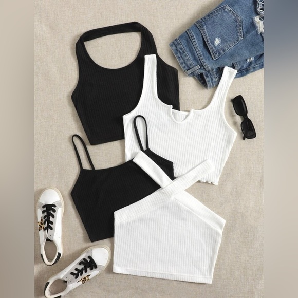 EZwear Solid Ribbed Knit Crop Top Set of 4 *NEW* - Picture 1 of 6